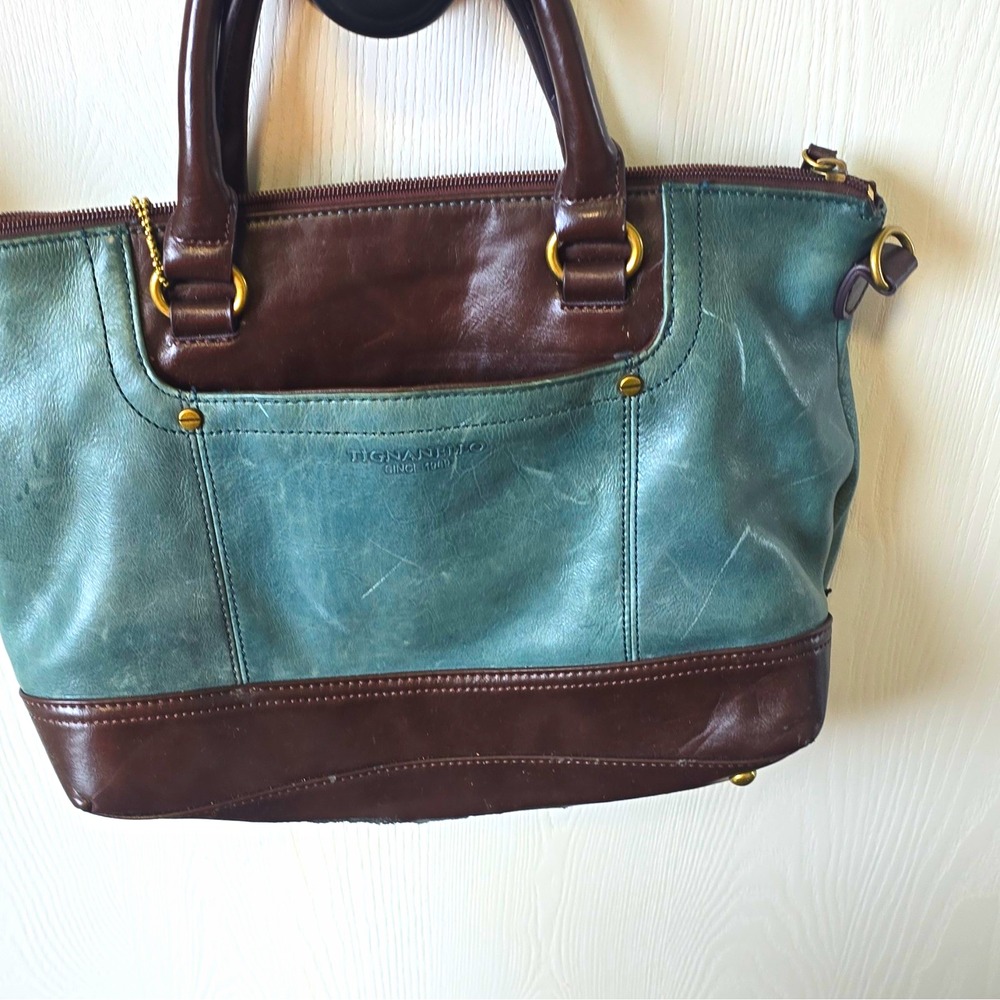 Tignanello Green Brown Colorblock Zip Satchel Top Handle, Inner Pockets, Charm